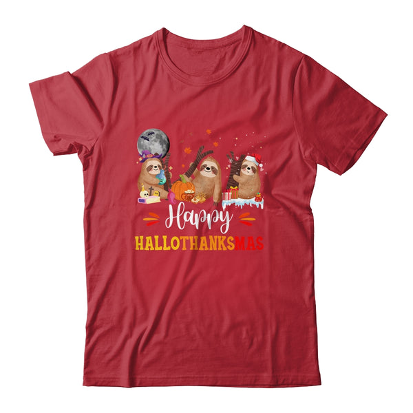 Happy Hallothanksmas Sloth Xmas Thanksgiving Halloween Classic T Shirt Red 600x.jpg