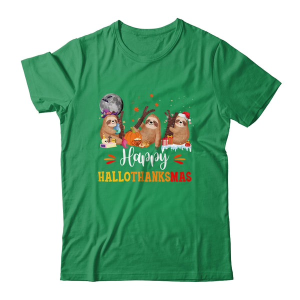 Happy Hallothanksmas Sloth Xmas Thanksgiving Halloween Classic T Shirt Irish Green 600x.jpg