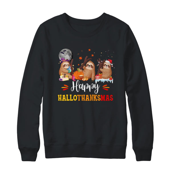 Happy Hallothanksmas Sloth Xmas Thanksgiving Halloween Crewneck Sweatshirt Black 600x.jpg
