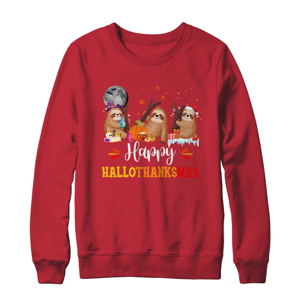 Happy Hallothanksmas Sloth Xmas Thanksgiving Halloween Crewneck Sweatshirt Red 600x.jpg