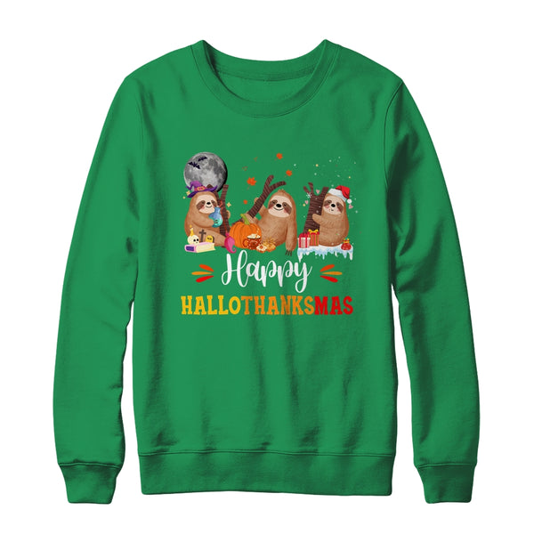 Happy Hallothanksmas Sloth Xmas Thanksgiving Halloween Crewneck Sweatshirt Irish Green 600x.jpg