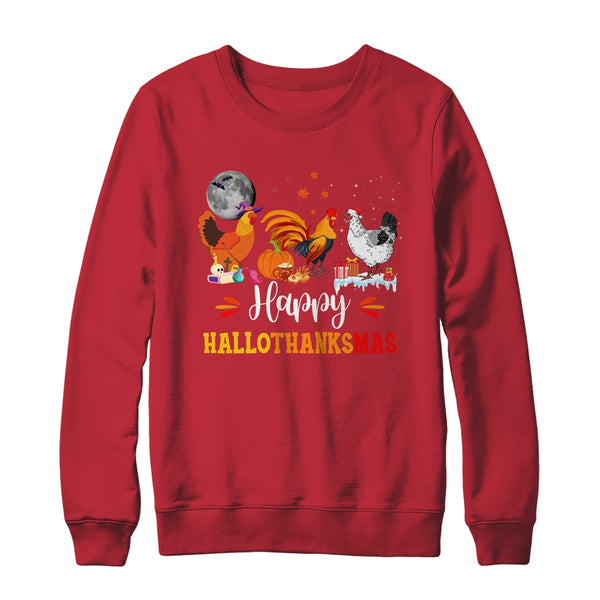 Happy Hallothanksmas Chicken Xmas Thanksgiving Halloween Crewneck Sweatshirt Red 600x.jpg
