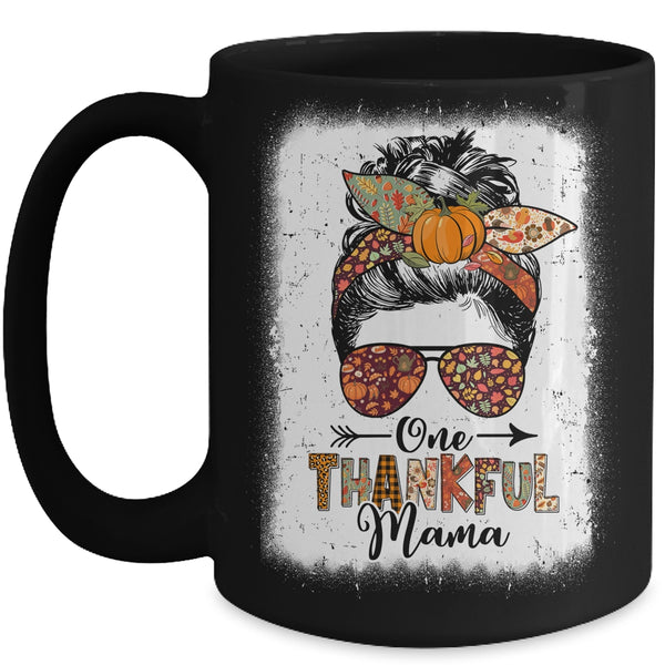 Funny Messy Bun One Thankful Mama Fall Autumn Thanksgiving Mug 15oz Mug Black front 600x.jpg