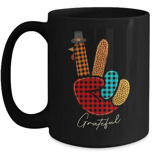 Peace Love Turkey Grateful Turkey Hand Sign Thanksgiving Mug 15oz Mug Black front 600x.jpg