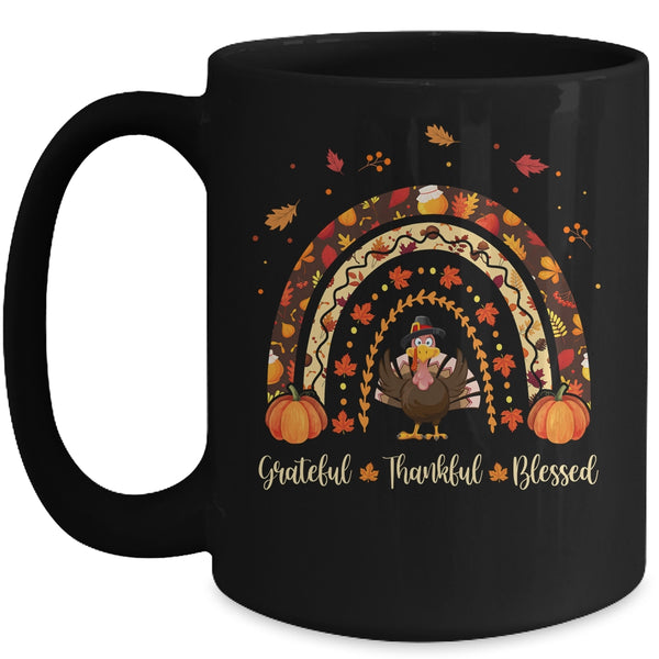 Grateful Thankful Blessed Rainbow Gobble Turkey Thanksgiving Mug 15oz Mug Black front 600x.jpg