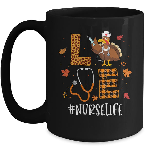 Love Turkey Stethoscope Nurse Life Thanksgiving Fall Mug 15oz Mug Black front 600x.jpg