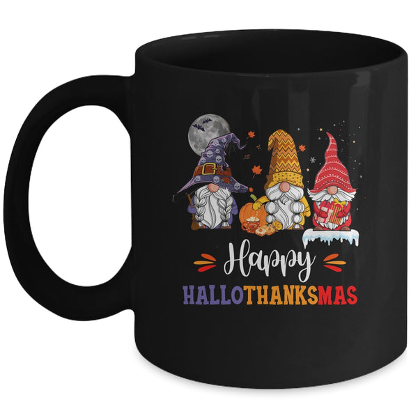 Halloween Thanksgiving Christmas Happy HalloThanksMas Gnomes Mug 11oz Mug Black front 600x.jpg