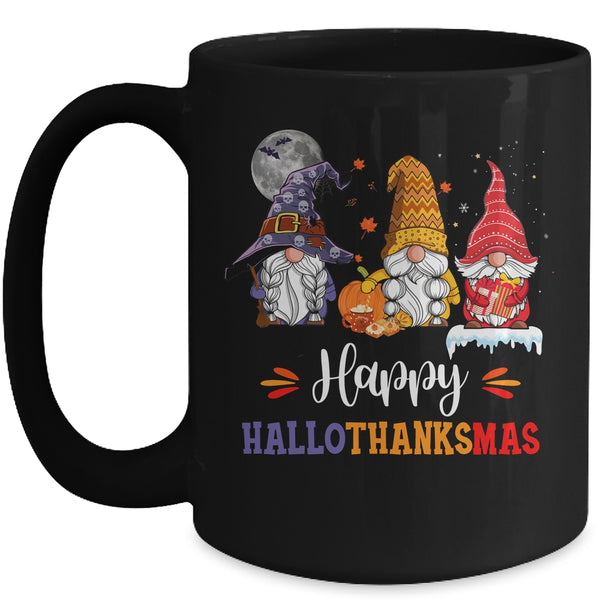Halloween Thanksgiving Christmas Happy HalloThanksMas Gnomes Mug 15oz Mug Black front 600x.jpg