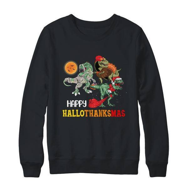 Happy Hallothanksmas Thanksgiving Dinosaur T Rex Turkey Crewneck Sweatshirt Black 600x.jpg