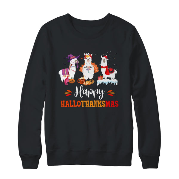 Llama Halloween Thanksgiving Merry Christmas Hallothanksmas Crewneck Sweatshirt Black 600x.jpg