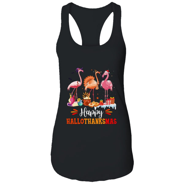 Flamingo Halloween Merry Christmas Happy Hallothanksmas Women s Ideal Racerback Tank Black 600x.jpg