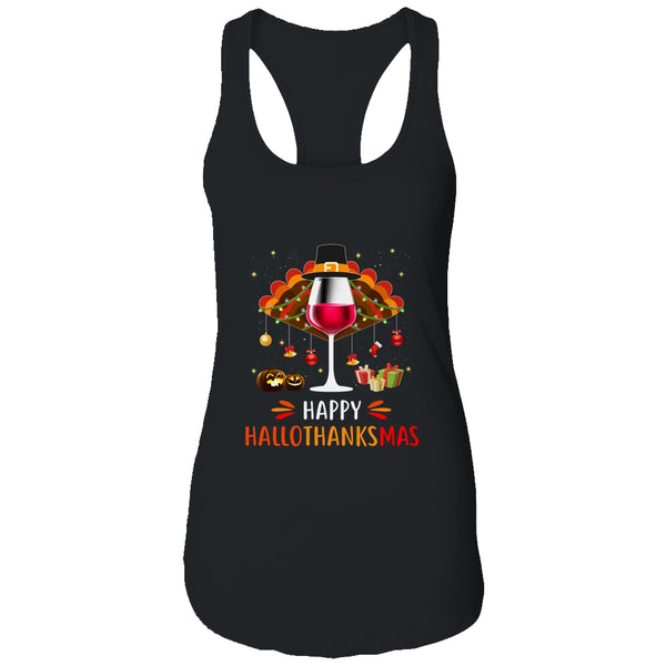Happy Hallothanksmas Halloween Thanksgiving Wine Turkey Women s Ideal Racerback Tank Black 600x.jpg