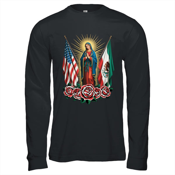 Virgen De Guadalupe Faith Mexican Mexico American USA Flag Shirt Hoodie Long Sleeve T Shirt Black 600x.jpg
