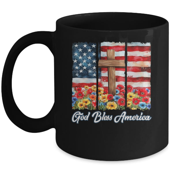 God Bless America Flag Cross Flowers Patriotic 4th Of July Mug 11oz Mug Black front 600x.jpg