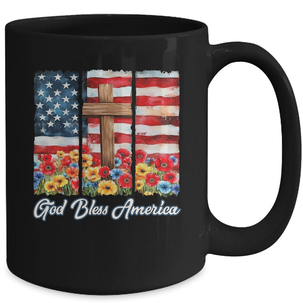 God Bless America Flag Cross Flowers Patriotic 4th Of July Mug 15oz Mug Black back 600x.jpg