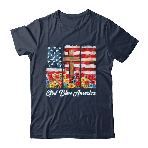 God Bless America Flag Cross Flowers Patriotic 4th Of July Shirt Hoodie Classic T Shirt Navy 600x.jpg