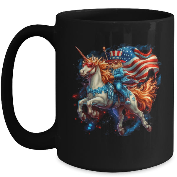 Cat Riding Unicorn USA Flag Patriotic 4th Of July Women Girl Mug 15oz Mug Black front 600x.jpg