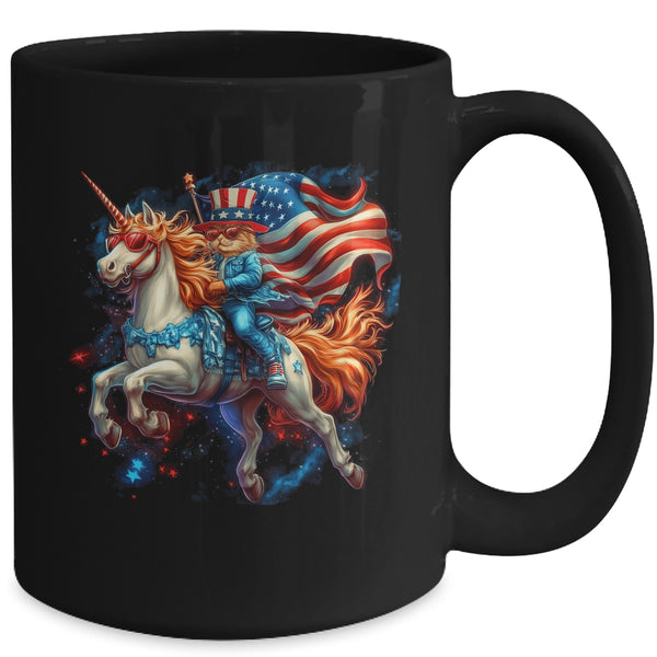 Cat Riding Unicorn USA Flag Patriotic 4th Of July Women Girl Mug 15oz Mug Black back 600x.jpg