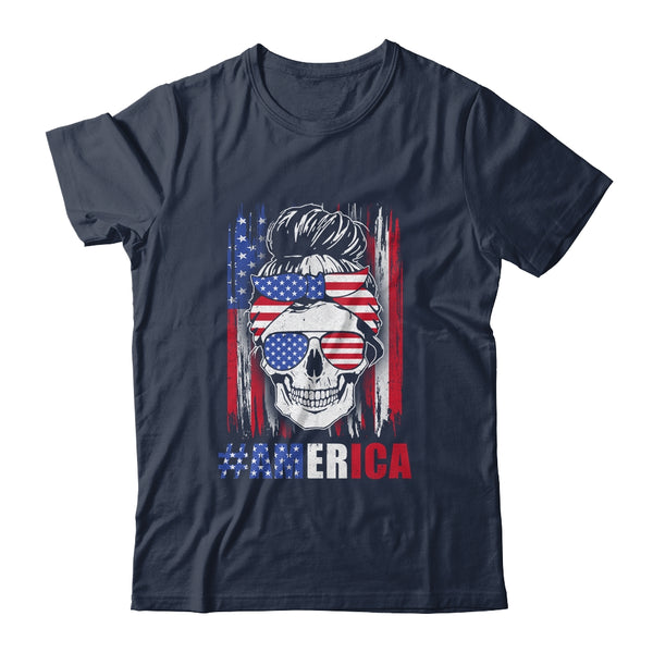 America Messy Bun Hair Skull 4th Of July American Flag Women Classic T Shirt Navy 600x.jpg