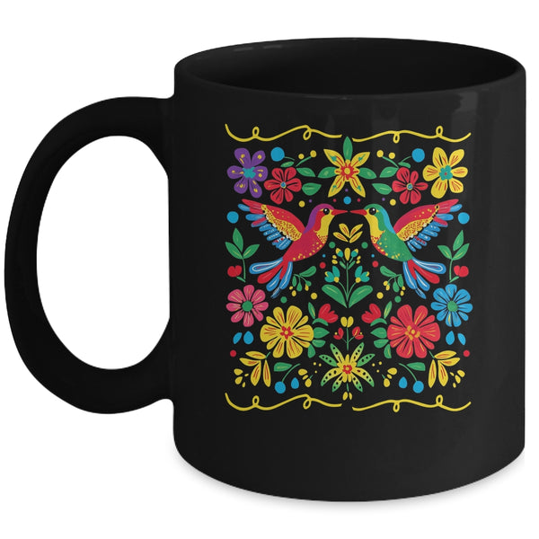 Floral Bird Otomi Mexican Style Mexicano Mexicana Mug 11oz Mug Black front 600x.jpg