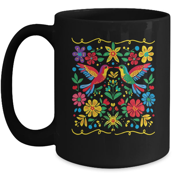 Floral Bird Otomi Mexican Style Mexicano Mexicana Mug 15oz Mug Black front 600x.jpg