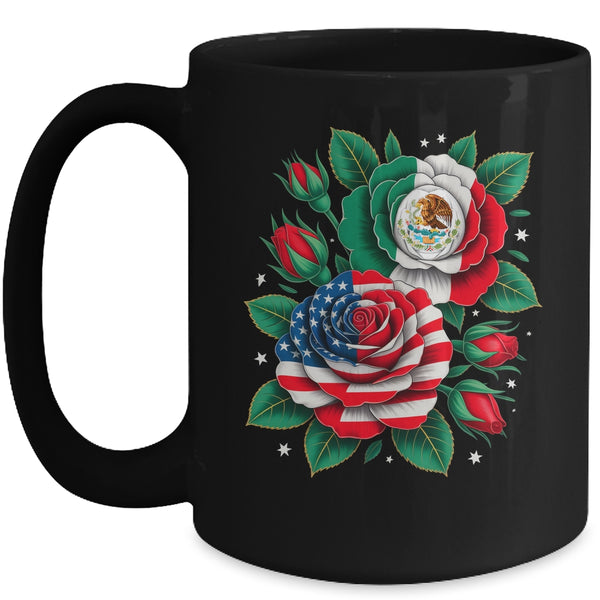 Mexico Mexican Flag USA American Flag Rose Flower Mexicana Mug 15oz Mug Black front 600x.jpg