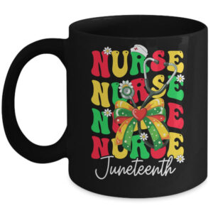 Juneteenth Nurse Groovy African Scrubs Top Bow Black Women Mug 11oz Mug Black front 600x.jpg