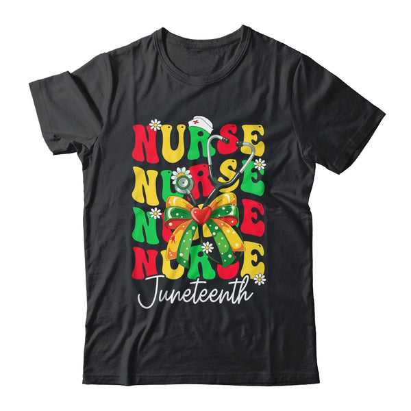 Juneteenth Nurse Groovy African Scrubs Top Bow Black Women Shirt Tank Top Classic T Shirt Black 600x.jpg