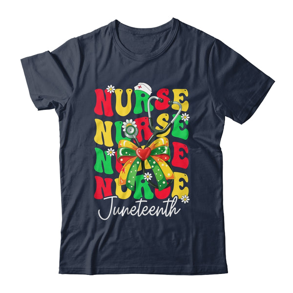 Juneteenth Nurse Groovy African Scrubs Top Bow Black Women Shirt Tank Top Classic T Shirt Navy 600x.jpg