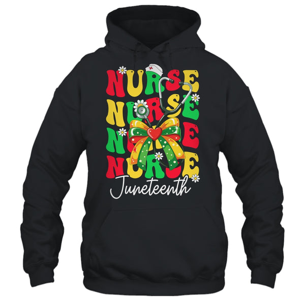 Juneteenth Nurse Groovy African Scrubs Top Bow Black Women Shirt Tank Top Pullover Hoodie Black 600x.jpg