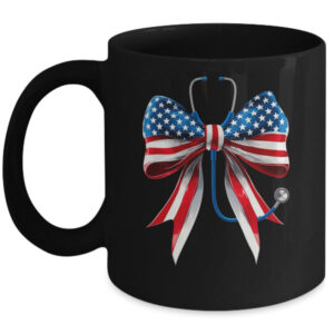 USA Flag Stethoscope Coquette Bow CNA RN Nurse 4th Of July Mug 11oz Mug Black front 600x.jpg