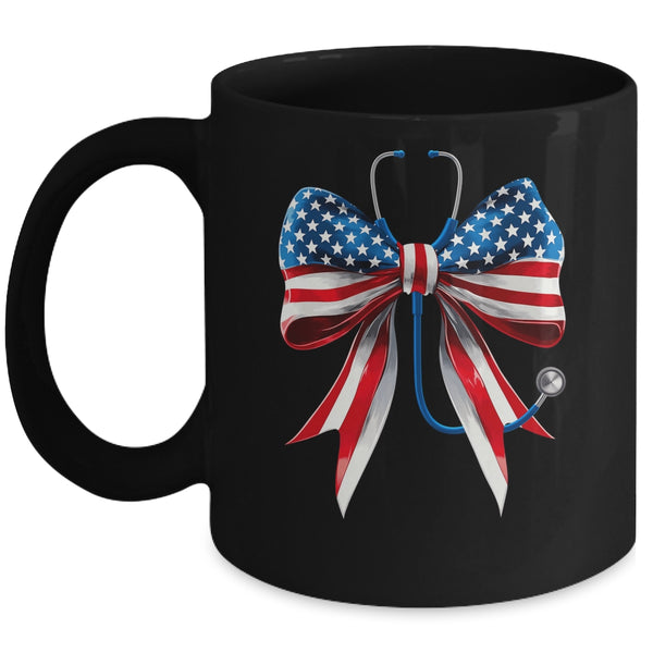 USA Flag Stethoscope Coquette Bow CNA RN Nurse 4th Of July Mug 11oz Mug Black front 600x.jpg
