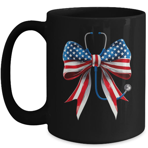 USA Flag Stethoscope Coquette Bow CNA RN Nurse 4th Of July Mug 15oz Mug Black front 600x.jpg