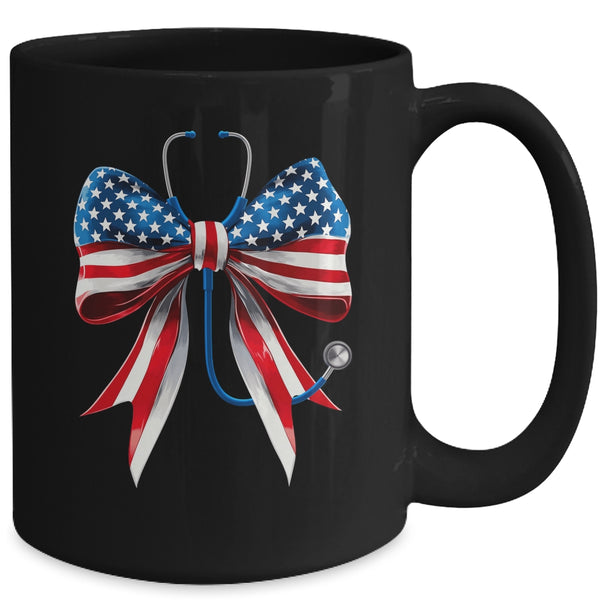 USA Flag Stethoscope Coquette Bow CNA RN Nurse 4th Of July Mug 15oz Mug Black back 600x.jpg