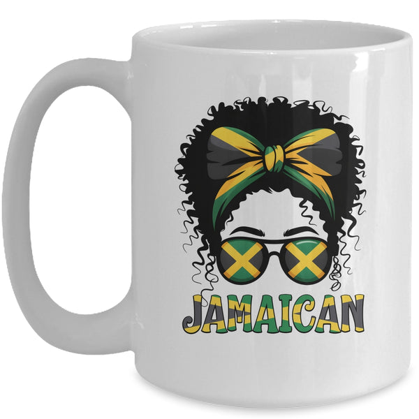 Jamaican Girl Jamaica Flag Pride Black Woman Afro Messy Bun Mug 15oz Mug White front 600x.jpg