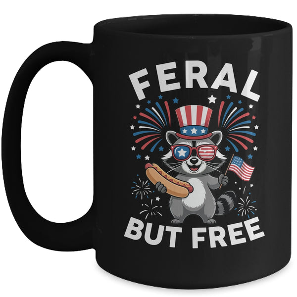 Feral But Free Patriotic Raccoon 4th Of July Raccoon Hotdog Mug 15oz Mug Black front 600x.jpg