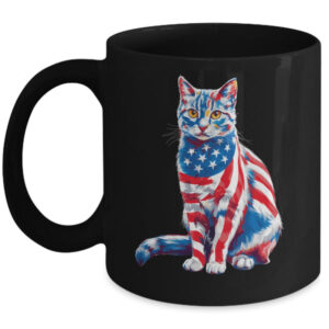 Funny Cute Cat Green Eyes USA Flag 4th Of July Cat Lover Mug 11oz Mug Black front 600x.jpg