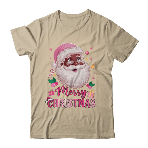 Merry Christmas Santa Claus Black Afro African American Pink Classic T Shirt Sand 600x.jpg