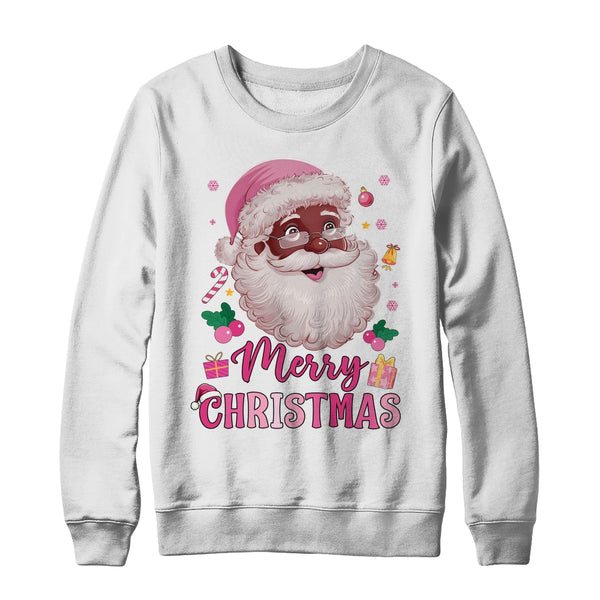 Merry Christmas Santa Claus Black Afro African American Pink Crewneck Sweatshirt White 600x.jpg