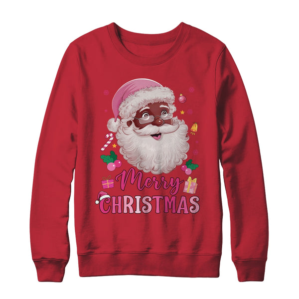 Merry Christmas Santa Claus Black Afro African American Pink Crewneck Sweatshirt Red 600x.jpg