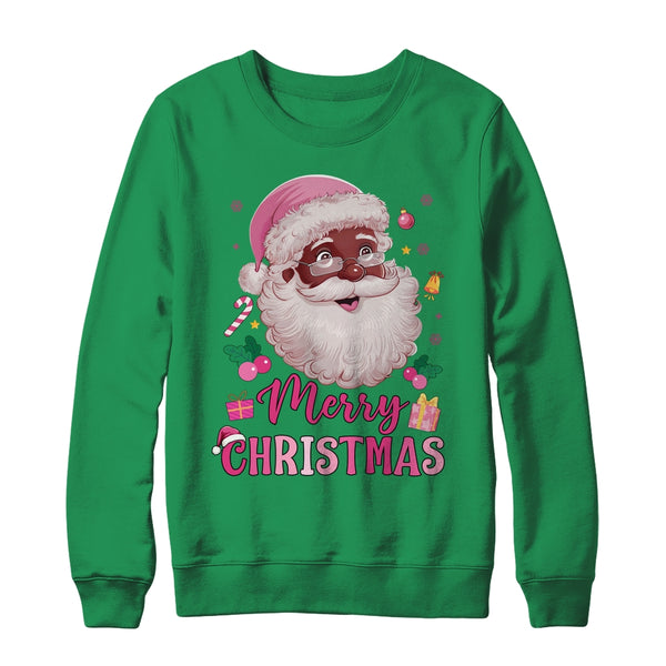 Merry Christmas Santa Claus Black Afro African American Pink Crewneck Sweatshirt Irish Green 600x.jpg