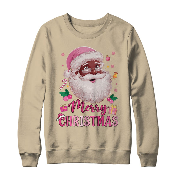 Merry Christmas Santa Claus Black Afro African American Pink Crewneck Sweatshirt Sand 600x.jpg