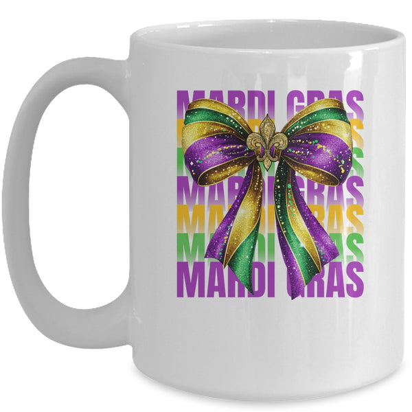 Mardi Gras Coquette Bow Louisiana Festival Carnival Girls Mug 15oz Mug White front 600x.jpg