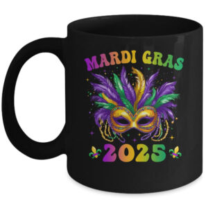 Mardi Gras 2025 Mask Feathers Mardi Gras Family Costume Cute Mug 11oz Mug Black front 600x.jpg