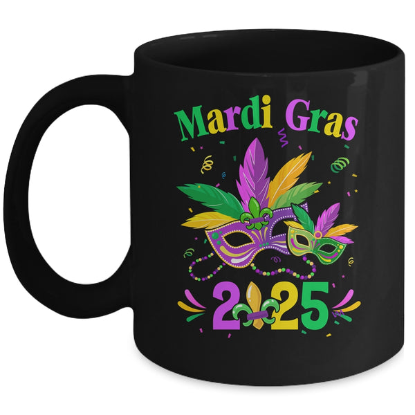 Mardi Gras 2025 Mask Costume Beads Carnival Party Outfit Mug 11oz Mug Black front 600x.jpg
