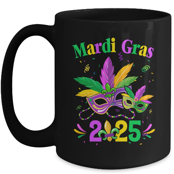 Mardi Gras 2025 Mask Costume Beads Carnival Party Outfit Mug 15oz Mug Black front 600x.jpg