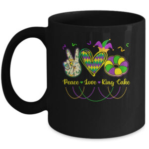 Peace Love King Cake Mardi Gras Men Women Kids Mug 11oz Mug Black front 600x.jpg