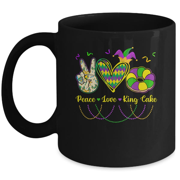 Peace Love King Cake Mardi Gras Men Women Kids Mug 11oz Mug Black front 600x.jpg