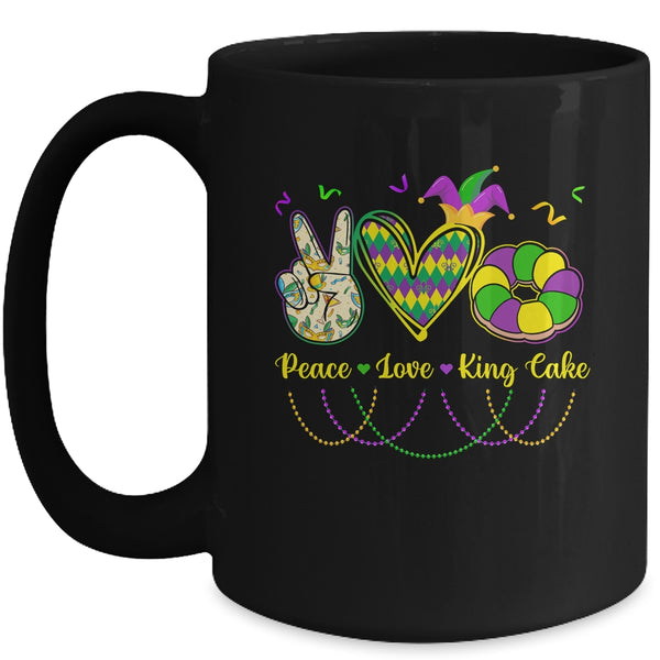 Peace Love King Cake Mardi Gras Men Women Kids Mug 15oz Mug Black front 600x.jpg