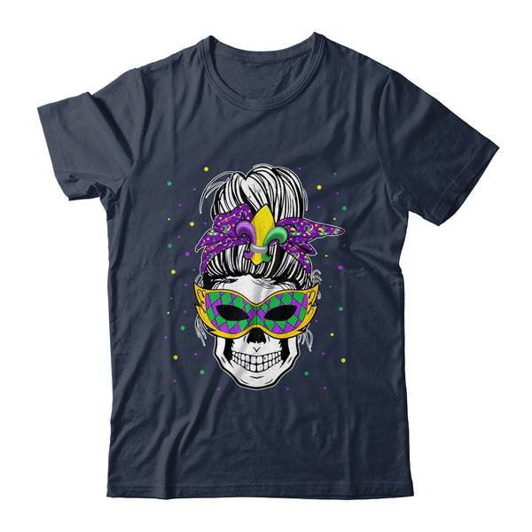 Messy Bun Hair Skull Mardi Gras Party For Women Classic T Shirt Navy 600x.jpg